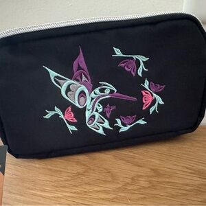 Flying Hummingbird Indigenous Embroidered Black Wristlet - NWT